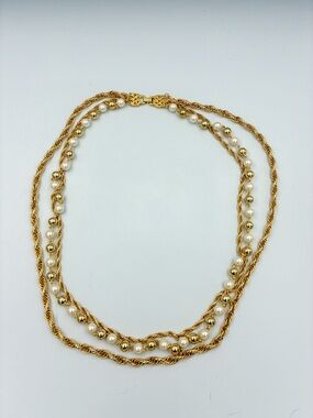 Vintage Multi Strand Faux Pearl Necklace Gold Tone Statement 30"